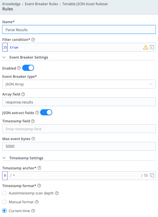 Tenable JSON Asset Ruleset screen
