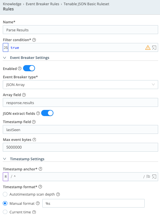 Tenable JSON Basic Ruleset screen