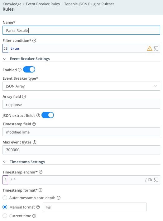 Tenable JSON Plugins Ruleset screen